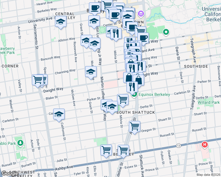 map of restaurants, bars, coffee shops, grocery stores, and more near 1924 Blake Street in Berkeley