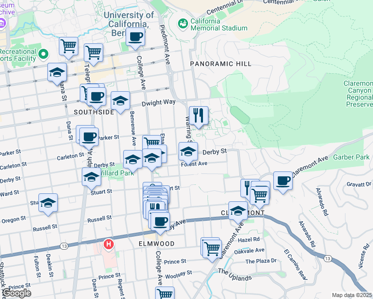 map of restaurants, bars, coffee shops, grocery stores, and more near 2630 Warring Street in Berkeley