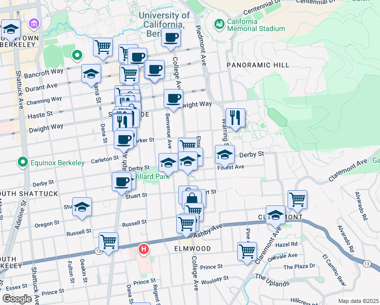 map of restaurants, bars, coffee shops, grocery stores, and more near 2626 Etna Street in Berkeley