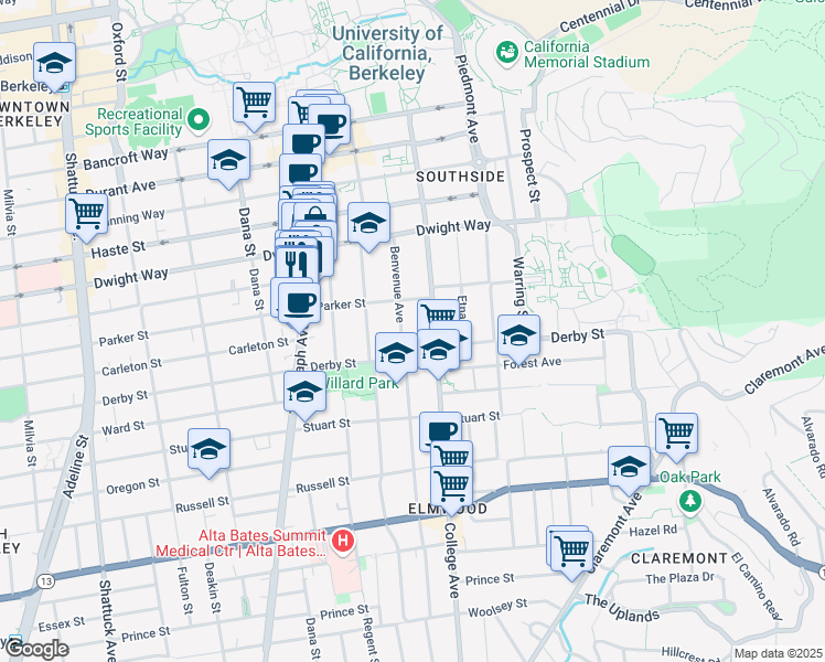 map of restaurants, bars, coffee shops, grocery stores, and more near 2617 Benvenue Avenue in Berkeley