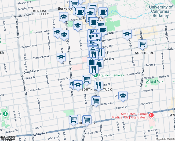 map of restaurants, bars, coffee shops, grocery stores, and more near 2001 Blake Street in Berkeley