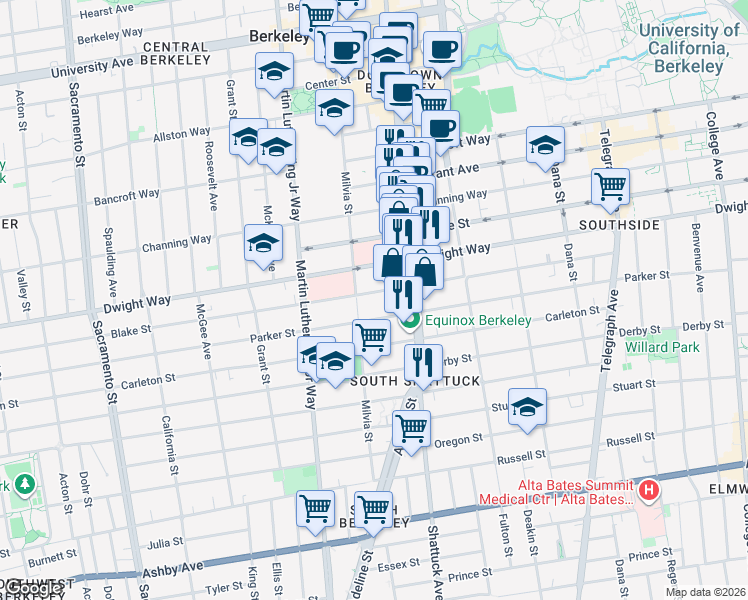map of restaurants, bars, coffee shops, grocery stores, and more near 2016 Blake Street in Berkeley