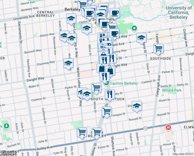 map of restaurants, bars, coffee shops, grocery stores, and more near 2001 Blake Street in Berkeley