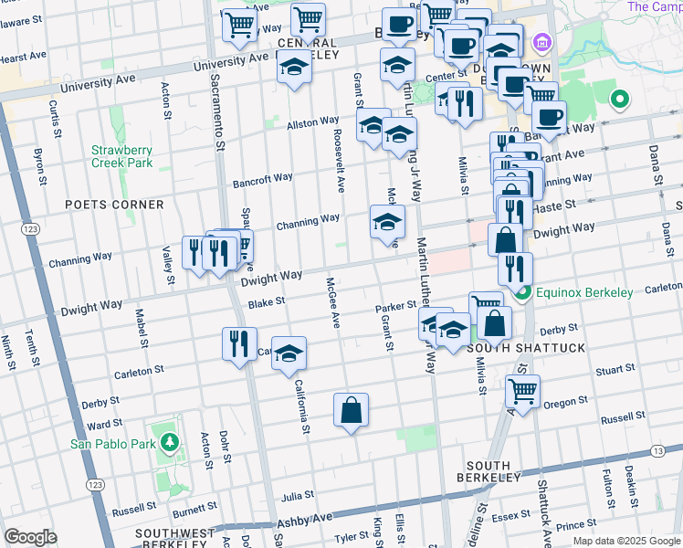 map of restaurants, bars, coffee shops, grocery stores, and more near 2446 Roosevelt Avenue in Berkeley