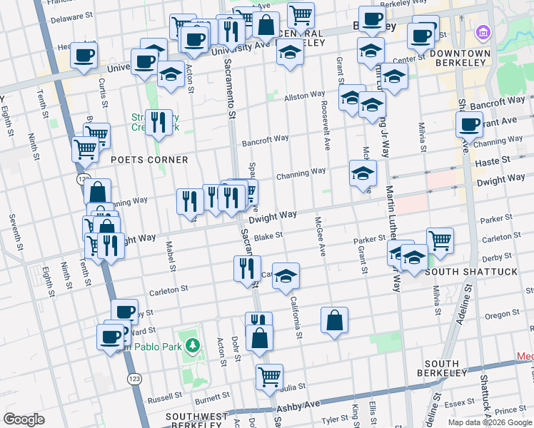 map of restaurants, bars, coffee shops, grocery stores, and more near 2431 Spaulding Avenue in Berkeley