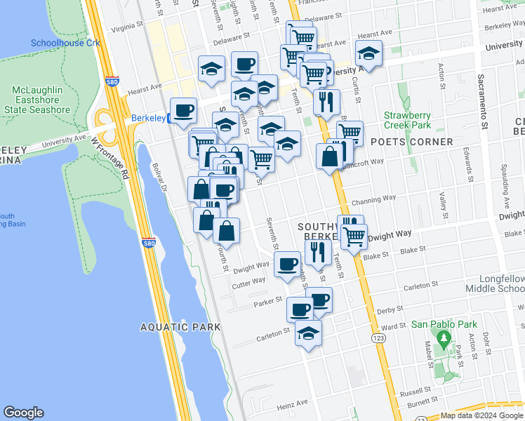 map of restaurants, bars, coffee shops, grocery stores, and more near 2321 Seventh Street in Berkeley