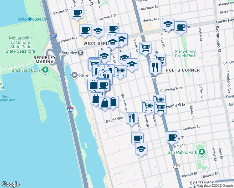 map of restaurants, bars, coffee shops, grocery stores, and more near 2321 Seventh Street in Berkeley