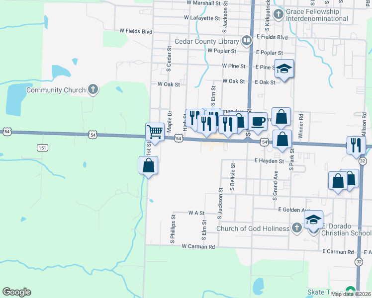 map of restaurants, bars, coffee shops, grocery stores, and more near 220 U.S. 54 in El Dorado Springs