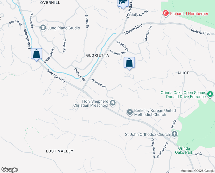 map of restaurants, bars, coffee shops, grocery stores, and more near 231 Orchard Road in Orinda