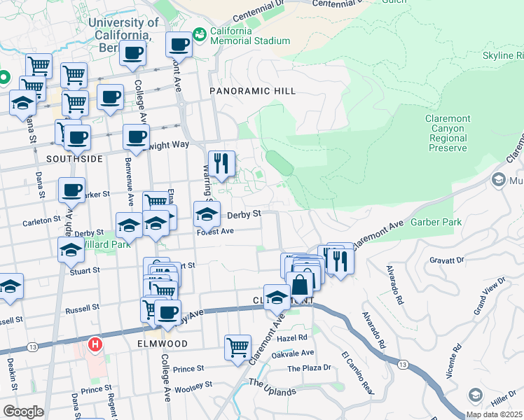 map of restaurants, bars, coffee shops, grocery stores, and more near 2951 Derby Street in Berkeley
