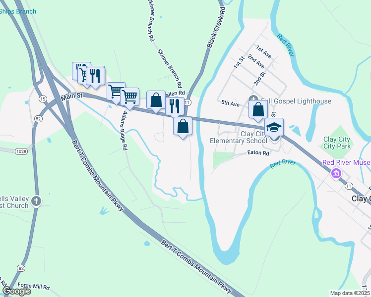 map of restaurants, bars, coffee shops, grocery stores, and more near 152 River Street in Clay City