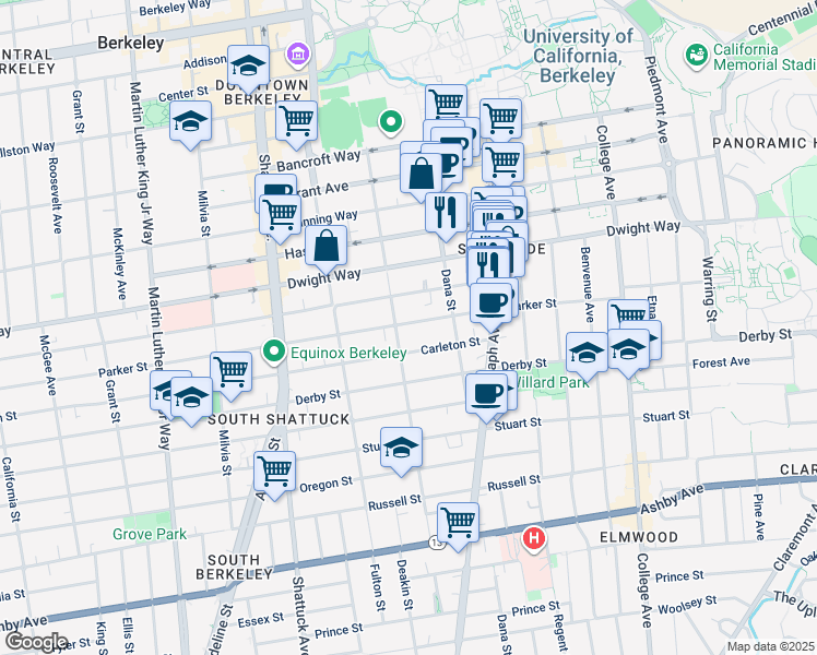 map of restaurants, bars, coffee shops, grocery stores, and more near 2308 Parker Street in Berkeley