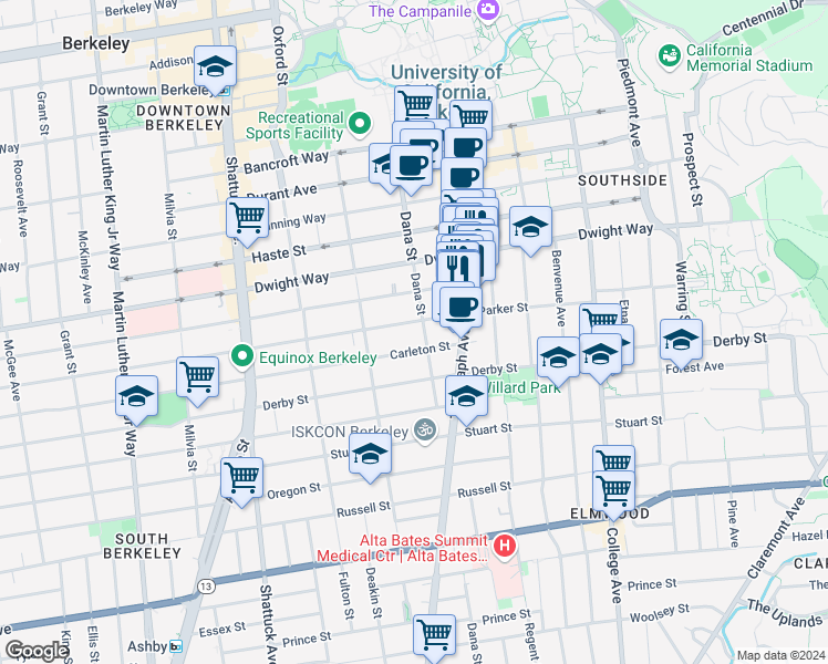 map of restaurants, bars, coffee shops, grocery stores, and more near 2400 Parker Street in Berkeley