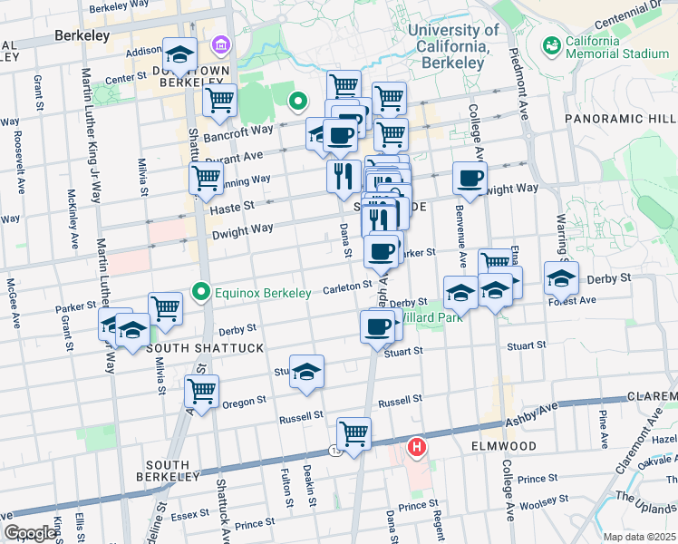 map of restaurants, bars, coffee shops, grocery stores, and more near 2400 Parker Street in Berkeley