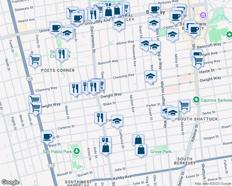 map of restaurants, bars, coffee shops, grocery stores, and more near 2443 California Street in Berkeley