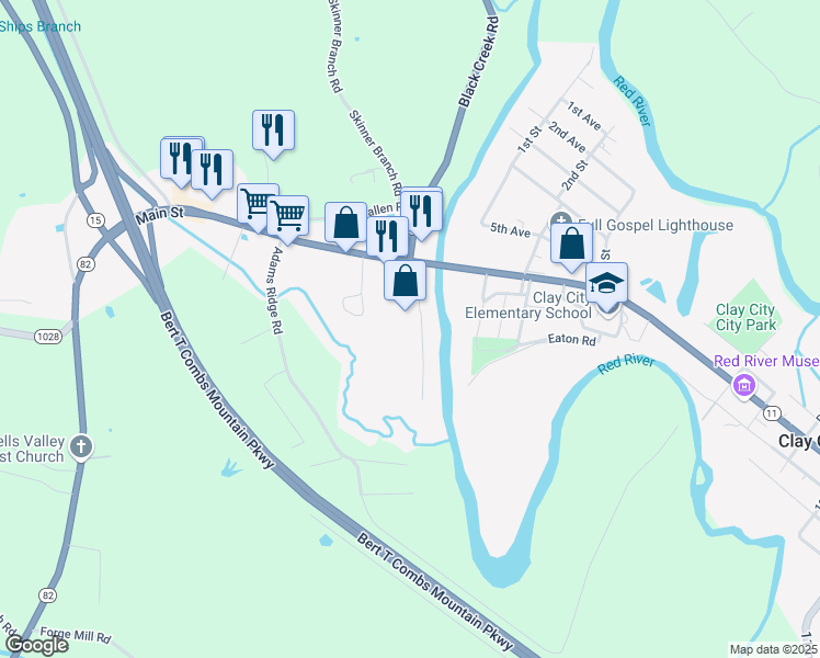 map of restaurants, bars, coffee shops, grocery stores, and more near 152 River Street in Clay City