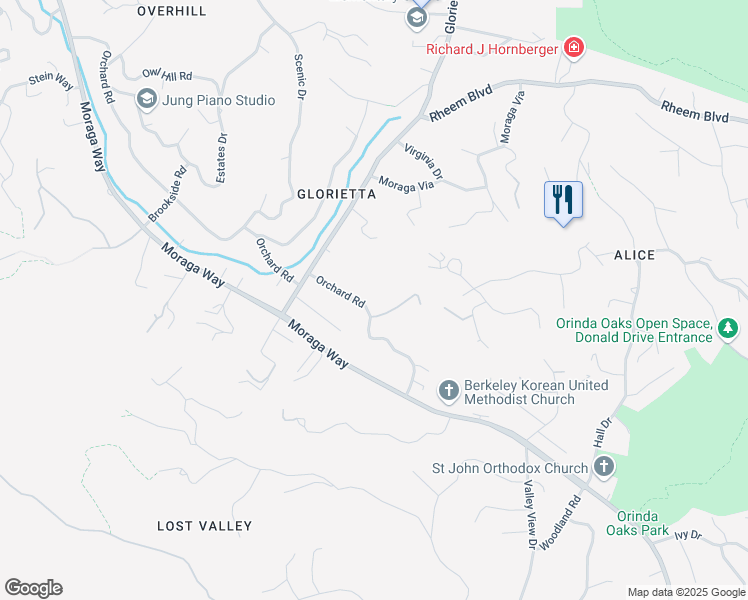 map of restaurants, bars, coffee shops, grocery stores, and more near 231 Orchard Road in Orinda
