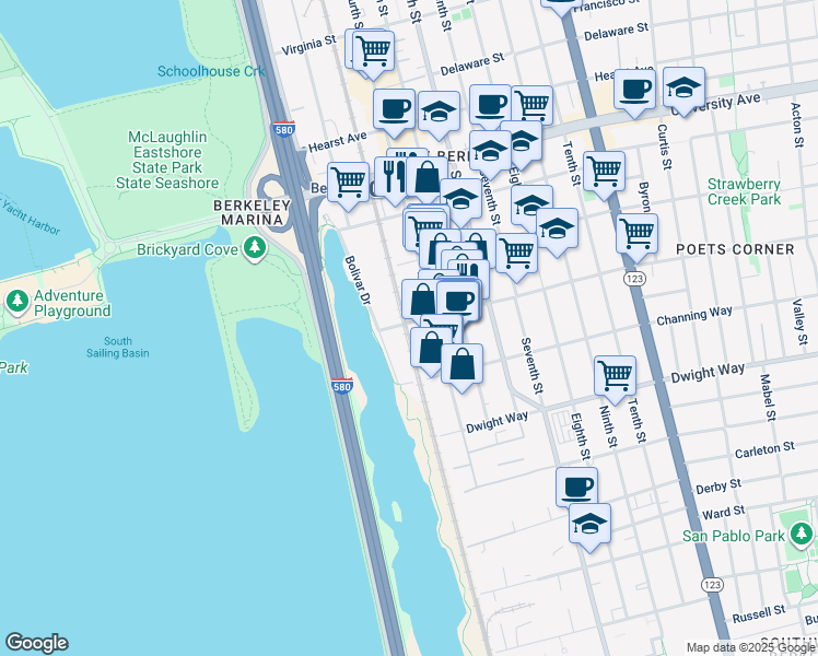 map of restaurants, bars, coffee shops, grocery stores, and more near 700 Bancroft Way in Berkeley