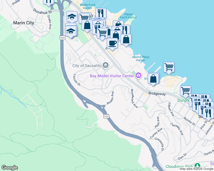 map of restaurants, bars, coffee shops, grocery stores, and more near 85 Marin Avenue in Sausalito