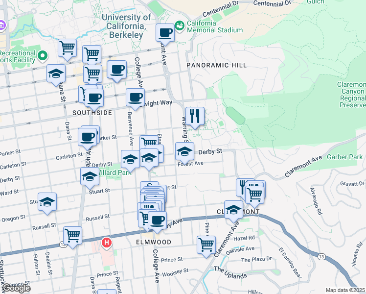 map of restaurants, bars, coffee shops, grocery stores, and more near 2636 Warring Street in Berkeley