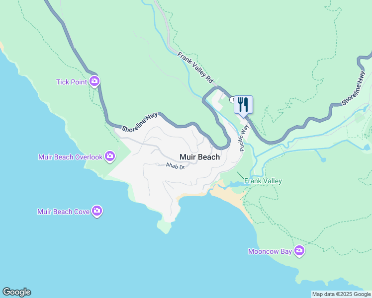map of restaurants, bars, coffee shops, grocery stores, and more near 50 Starbuck Drive in Muir Beach