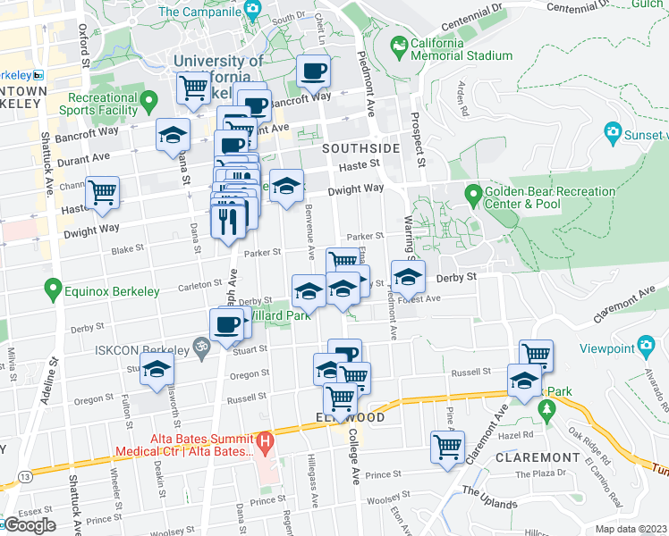 map of restaurants, bars, coffee shops, grocery stores, and more near 2617 Benvenue Avenue in Berkeley
