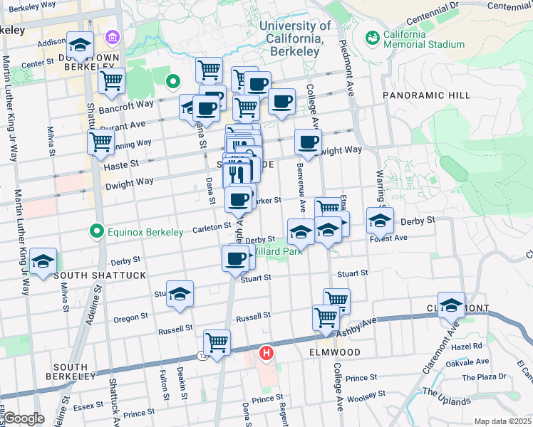 map of restaurants, bars, coffee shops, grocery stores, and more near 2607 Regent Street in Berkeley