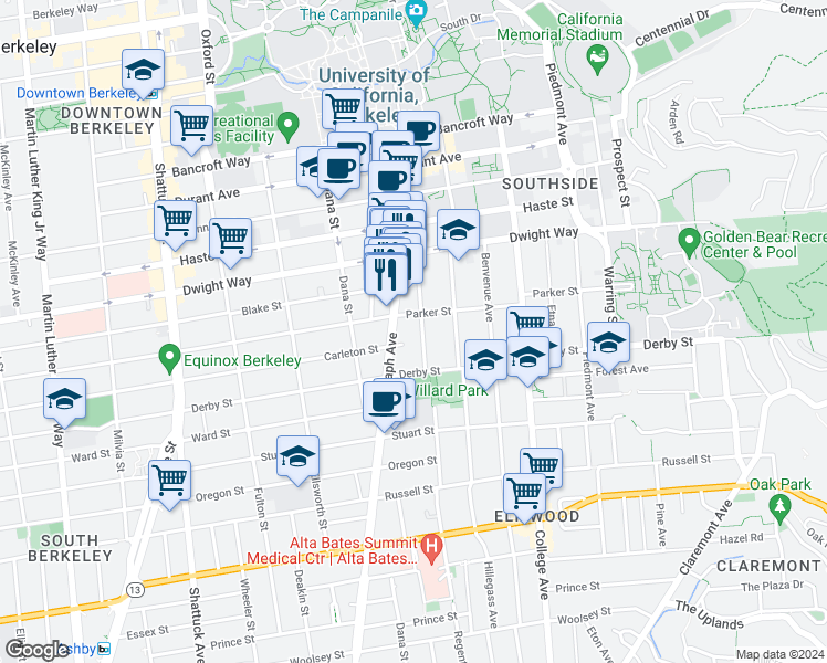 map of restaurants, bars, coffee shops, grocery stores, and more near 2607 Regent Street in Berkeley