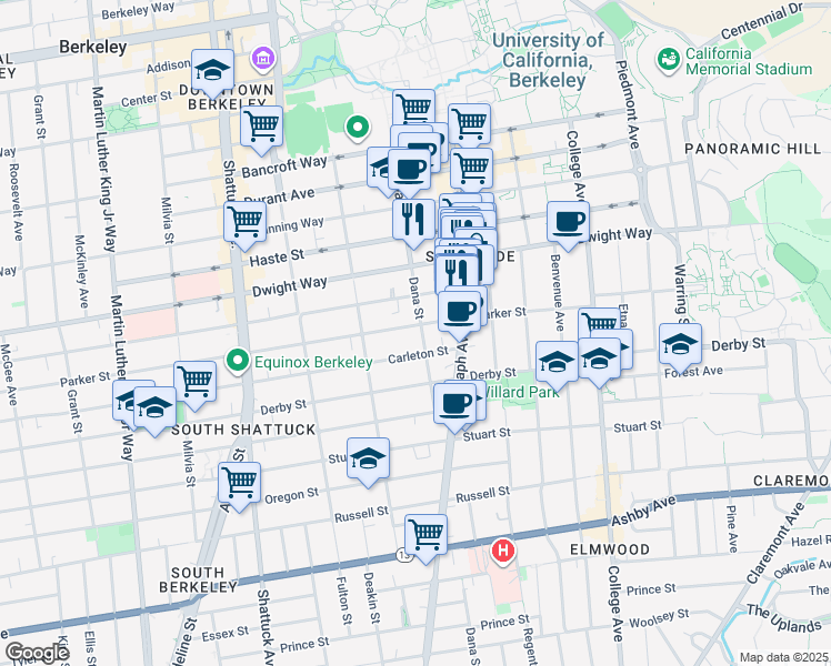 map of restaurants, bars, coffee shops, grocery stores, and more near 2400 Parker Street in Berkeley