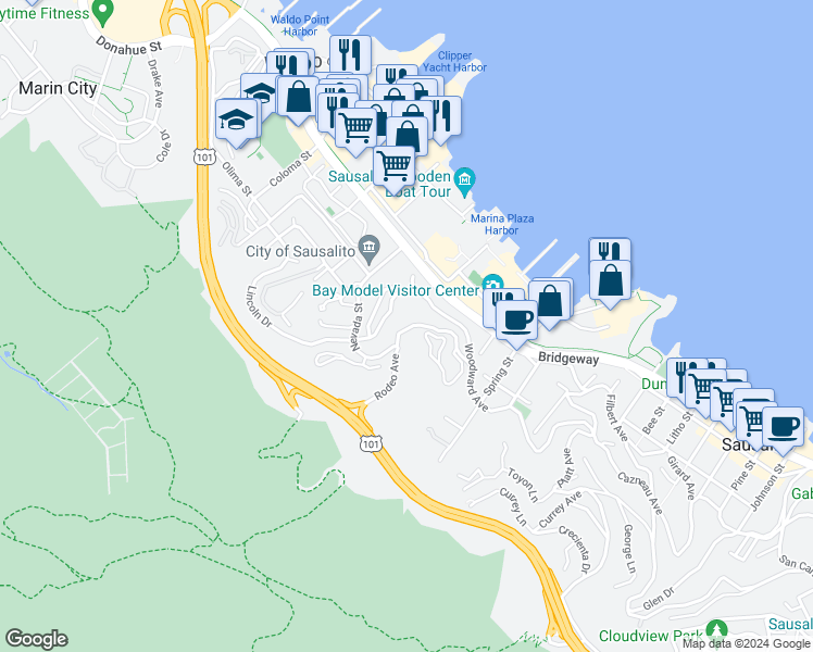 map of restaurants, bars, coffee shops, grocery stores, and more near 98 Rodeo Avenue in Sausalito