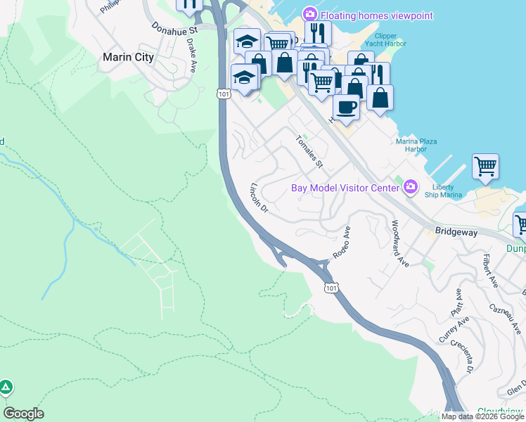 map of restaurants, bars, coffee shops, grocery stores, and more near 98 Lincoln Drive in Sausalito