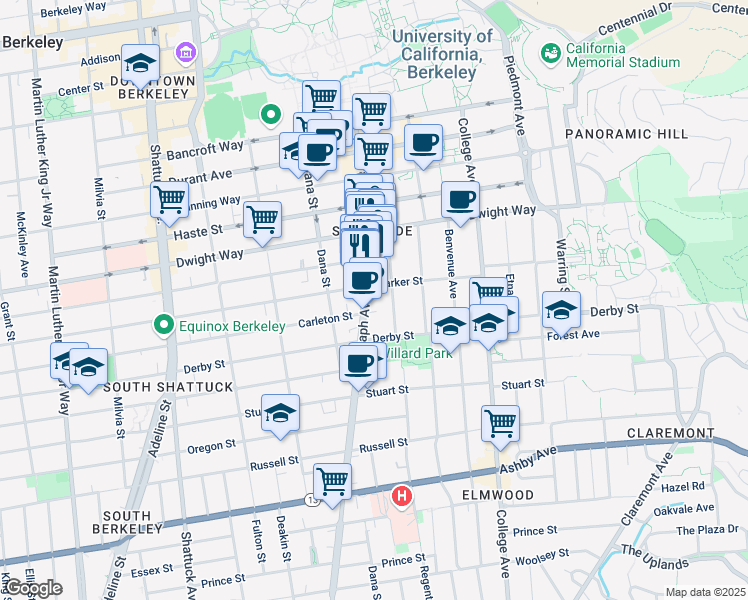 map of restaurants, bars, coffee shops, grocery stores, and more near 2615 Telegraph Avenue in Berkeley