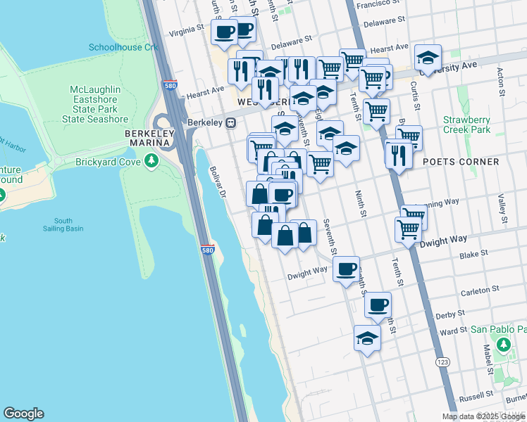 map of restaurants, bars, coffee shops, grocery stores, and more near 2322 Fifth Street in Berkeley