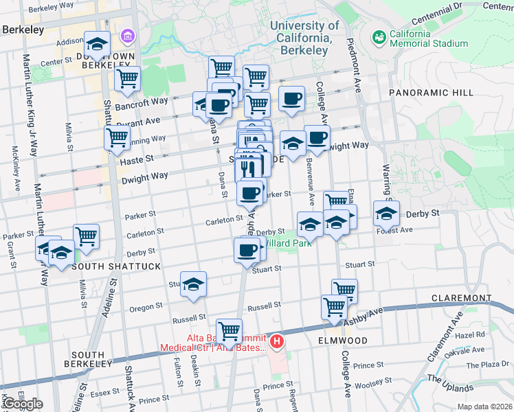 map of restaurants, bars, coffee shops, grocery stores, and more near 2615 Telegraph Avenue in Berkeley