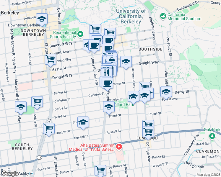 map of restaurants, bars, coffee shops, grocery stores, and more near 2615 Telegraph Avenue in Berkeley