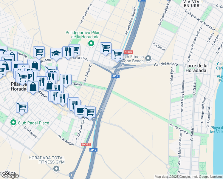 map of restaurants, bars, coffee shops, grocery stores, and more near 772 AP-7 in Pilar de la Horadada