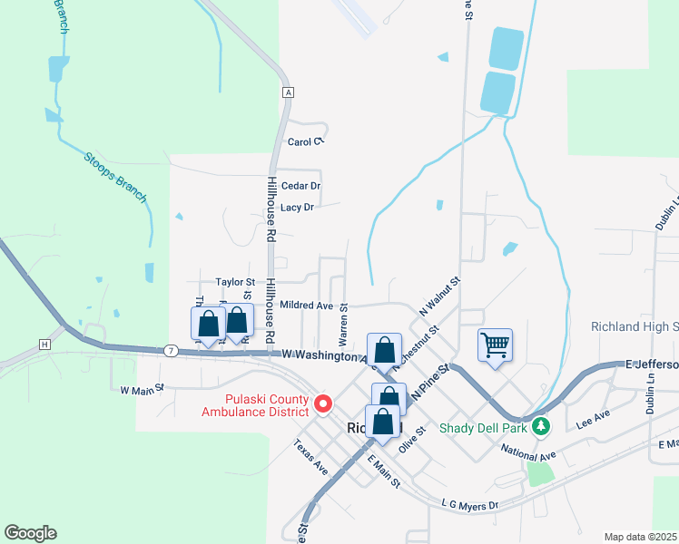 map of restaurants, bars, coffee shops, grocery stores, and more near 215 Warren Street in Richland