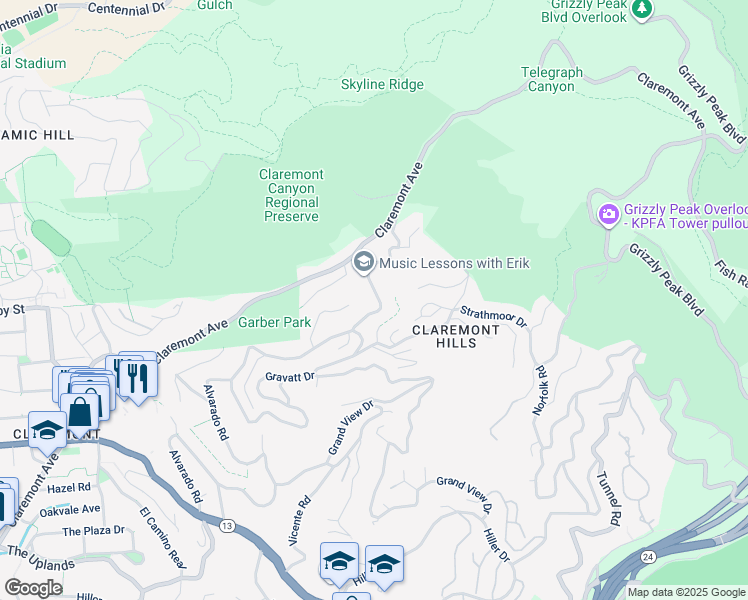 map of restaurants, bars, coffee shops, grocery stores, and more near 1227 Alvarado Road in Berkeley