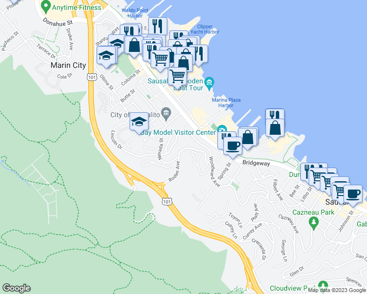 map of restaurants, bars, coffee shops, grocery stores, and more near 98 Rodeo Avenue in Sausalito