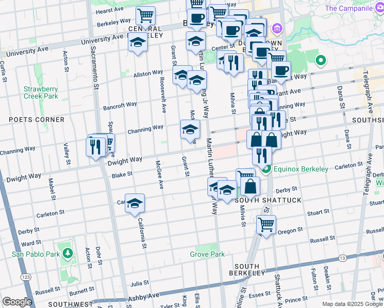 map of restaurants, bars, coffee shops, grocery stores, and more near 1812 Dwight Way in Berkeley