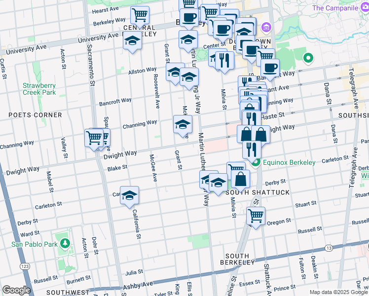 map of restaurants, bars, coffee shops, grocery stores, and more near 1812 Dwight Way in Berkeley