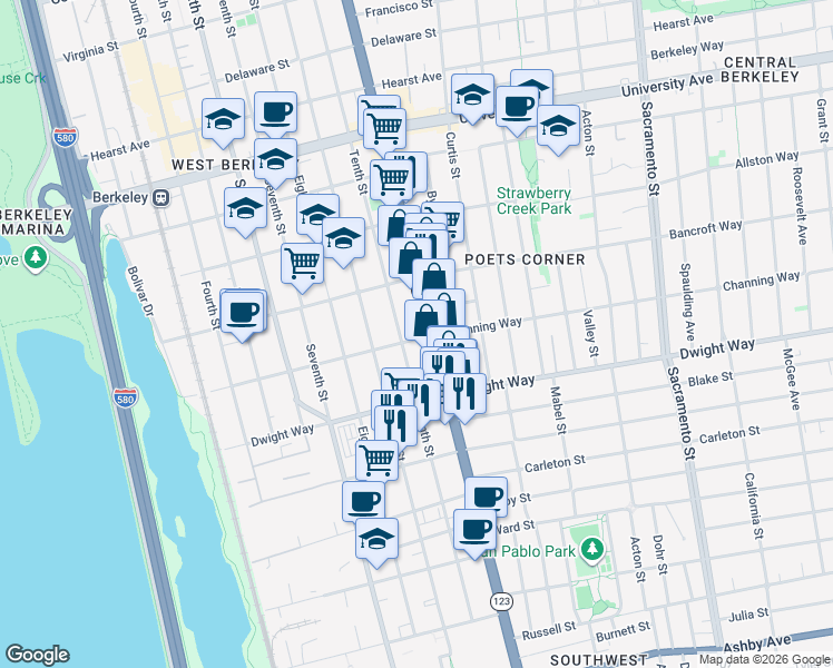 map of restaurants, bars, coffee shops, grocery stores, and more near 2396 San Pablo Avenue in Berkeley