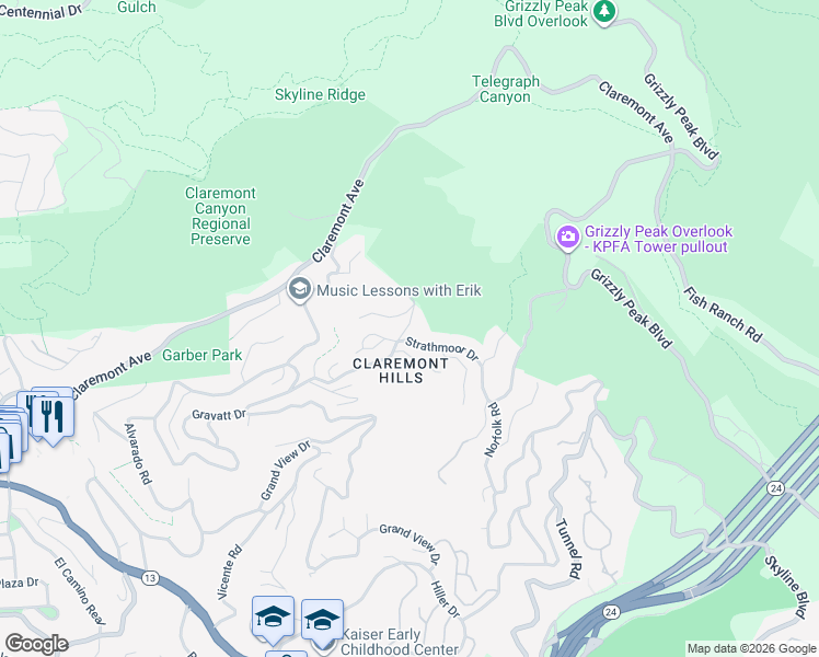map of restaurants, bars, coffee shops, grocery stores, and more near 8 Strathmoor Drive in Berkeley