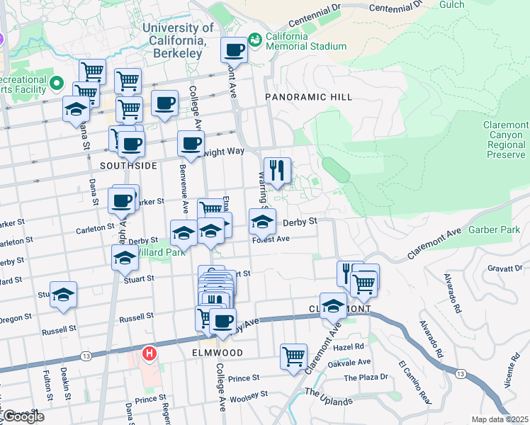 map of restaurants, bars, coffee shops, grocery stores, and more near 2630 Warring Street in Berkeley