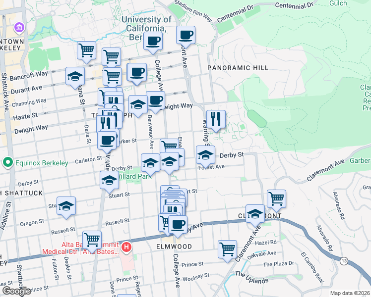 map of restaurants, bars, coffee shops, grocery stores, and more near 2630 Piedmont Avenue in Berkeley