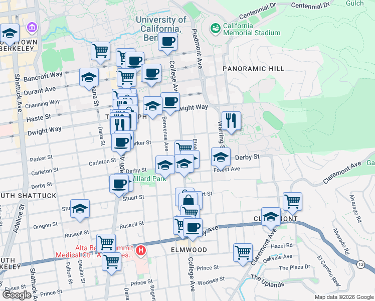 map of restaurants, bars, coffee shops, grocery stores, and more near 2626 Etna Street in Berkeley