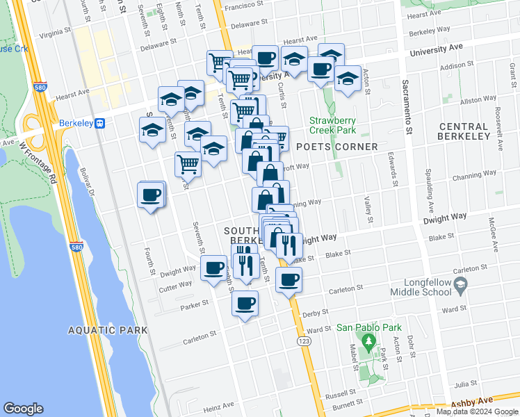 map of restaurants, bars, coffee shops, grocery stores, and more near 2396 San Pablo Avenue in Berkeley