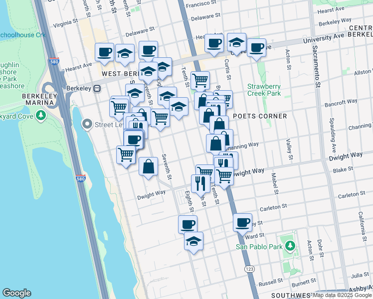 map of restaurants, bars, coffee shops, grocery stores, and more near 2323 Eighth Street in Berkeley