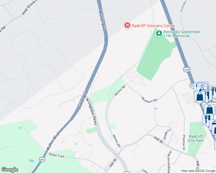 map of restaurants, bars, coffee shops, grocery stores, and more near 701 Innovation Way in Radcliff