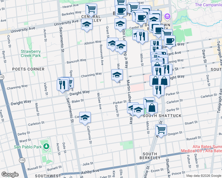 map of restaurants, bars, coffee shops, grocery stores, and more near 1804 Dwight Way in Berkeley